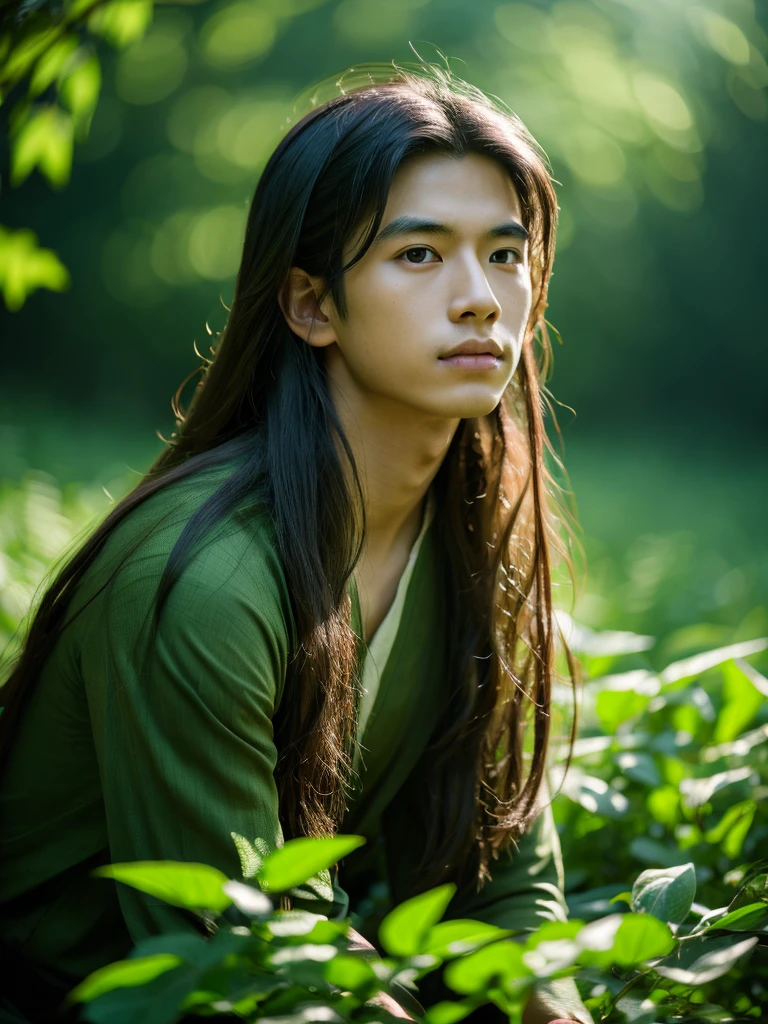 a beautiful young asian boy in a lush green forest, long elven hair, detailed portrait, dark green tones, no direct sunlight, fantasy, cinematic lighting, highly detailed, 8k, photorealistic