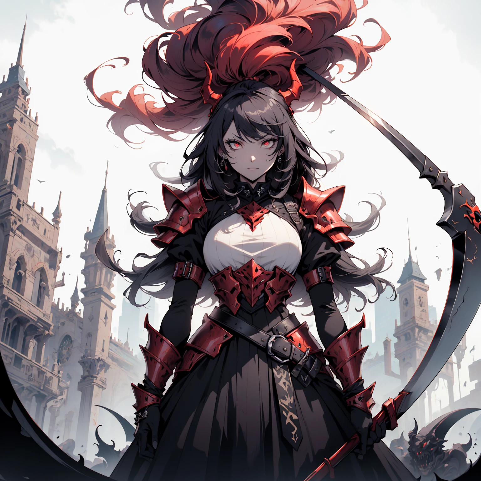 (((Masterpiece, best quality, 16k))) female character with long white hair and piercing red eyes. She wears a demonic armor in purple, black, and white. wields a large, stylized scythe. The character has a menacing expression, with a chaotic environment as the background. ((full body front view)). ((slender)), (extremely detailed:1.5), (long white hair:1.2), (piercing red eyes:1.2), (chaotic environment:1.1), (demonic armor:1.3), (stylized scythe:1.3).