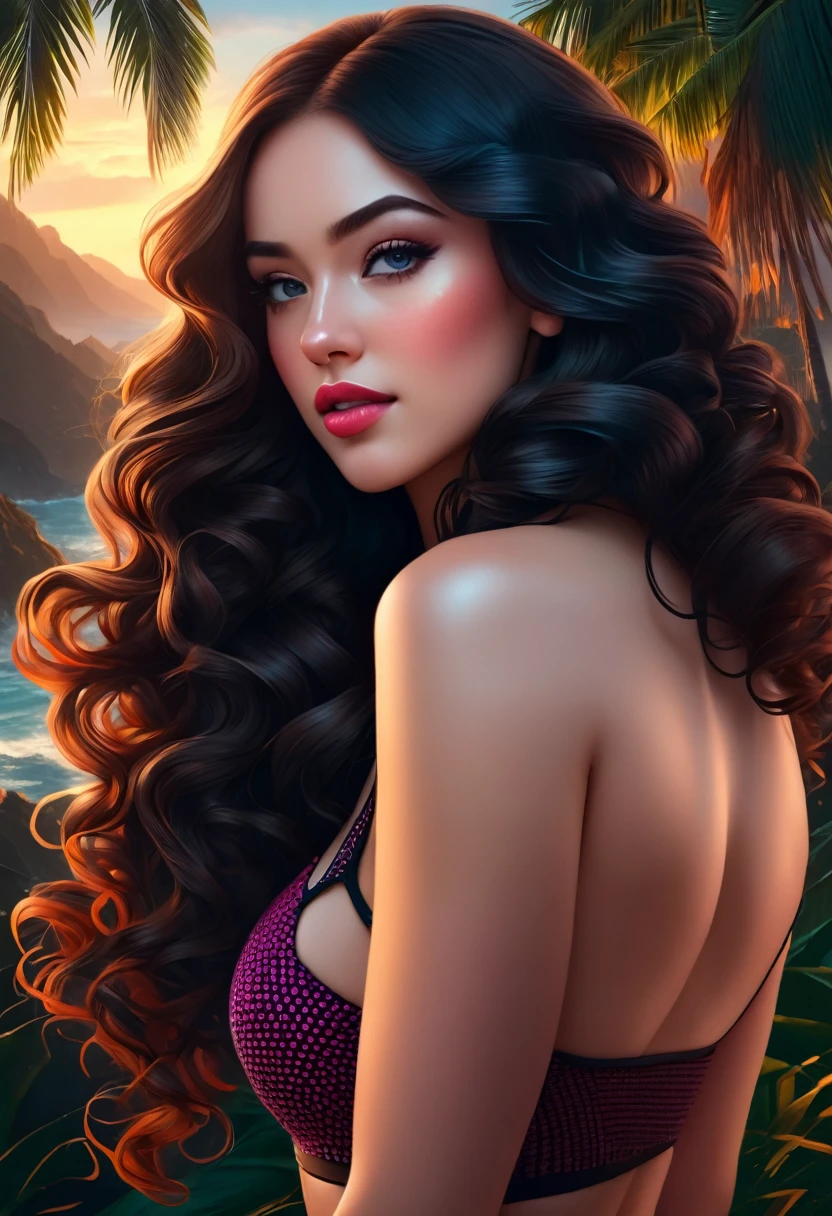 Beautiful boho woman with hair that is coarse, wiry, and tightly curled. It often has a rough texture, feels stiff to the touch, and may be prone to frizz and tangling. The curls can be densely packed. . The Official Art – An Award-Winning Digital Masterpiece In 4K Ultra HD, Extreme Detail And Intricate Realism. This Concept Art Brought To Life By The Hands Of Artists Like Wlop & Artgerm In A Stunning 2D Vector Illustration. Paige Renee Spiranac. LArge, perky, full, well shaped pleasing breasts. Background is a panoramic vista.
