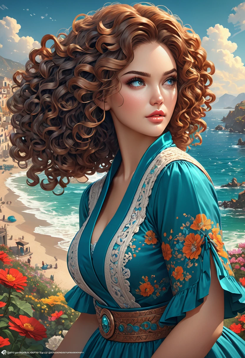 Beautiful boho woman with hair that is coarse, wiry, and tightly curled. It often has a rough texture, feels stiff to the touch, and may be prone to frizz and tangling. The curls can be densely packed. . The Official Art – An Award-Winning Digital Masterpiece In 4K Ultra HD, Extreme Detail And Intricate Realism. This Concept Art Brought To Life By The Hands Of Artists Like Wlop & Artgerm In A Stunning 2D Vector Illustration. Paige Renee Spiranac. LArge, perky, full, well shaped pleasing breasts. Background is a panoramic vista.