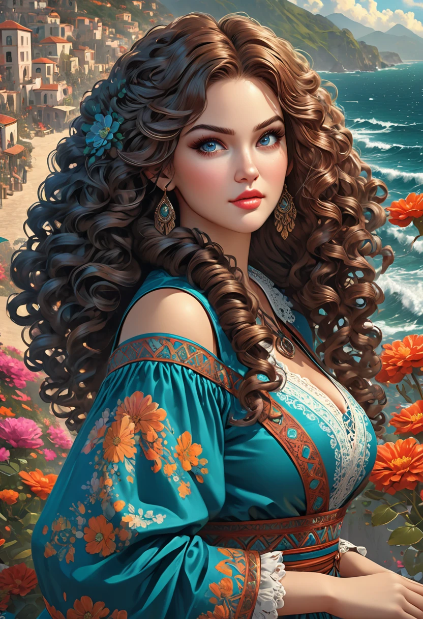 Beautiful boho woman with hair that is coarse, wiry, and tightly curled. It often has a rough texture, feels stiff to the touch, and may be prone to frizz and tangling. The curls can be densely packed. . The Official Art – An Award-Winning Digital Masterpiece In 4K Ultra HD, Extreme Detail And Intricate Realism. This Concept Art Brought To Life By The Hands Of Artists Like Wlop & Artgerm In A Stunning 2D Vector Illustration. Paige Renee Spiranac. LArge, perky, full, well shaped pleasing breasts. Background is a panoramic vista.
