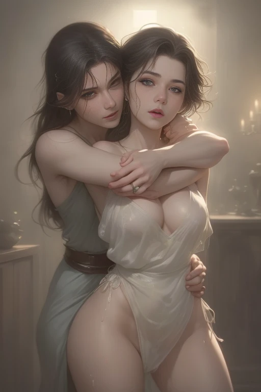 High-quality images of couples: blond man (Tall、Statue-like、Handsome and、Brave young man、Blue eyes、Curly golden hair、Wearing a grey antique military uniform) A woman with black hair (long straight black hair、Long Bangs、Blackberry eyes、A beautiful young femme fatale、naked、PRİNCESS、Hugging。They are in love with each other。Created by Boris Vallejo「Ideal Anatomy」The sketch of、It is characterized by being very detailed.。masterpiece、Detailed study of the face、Beautiful Face、Features of Beautiful Face、Perfect Image、Realistic shots、Detailed study of the face、Full body image、8k、Detailed Images、Highly detailed illustration、A true masterpiece of the highest quality、Careful drawing。Bare Skin、Gown and naked watercolor、
Gothic、Romance Black Panties、
Large drops of sweat、Dripping Sweat、A look of ecstasy as she spreads her legs wide、Fierce love