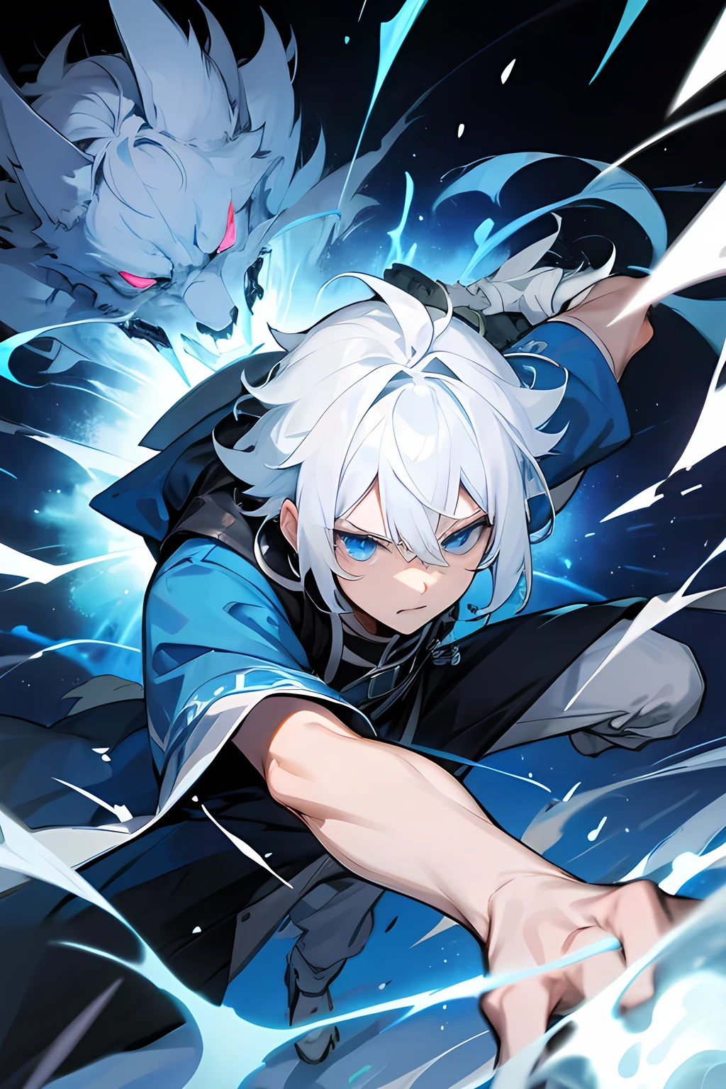  kinematics, White hair-blue eyes boy, releasing a burst of blue energy causing damage to the wolves that devoured him