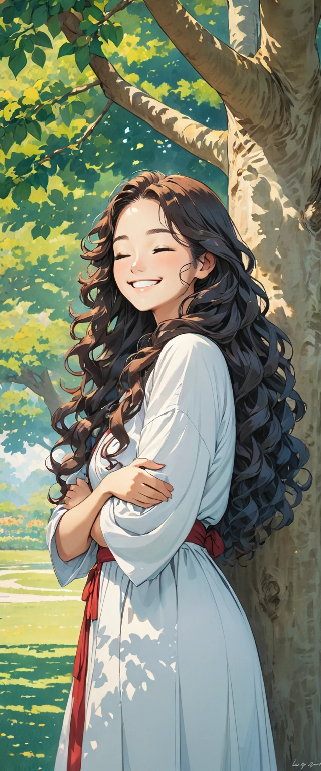 a woman with long curly hair standing with her arms crossed smiling under tree, solo, long hair, closed eyes, smile, 1girl