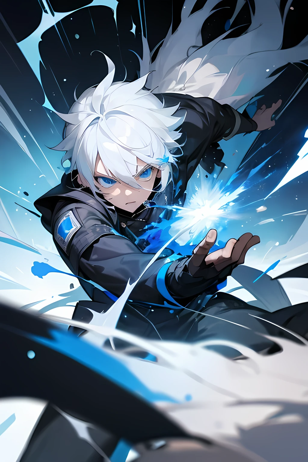 kinematics, White hair-blue eyes boy, releasing a burst of blue energy causing damage to the wolves that devoured him