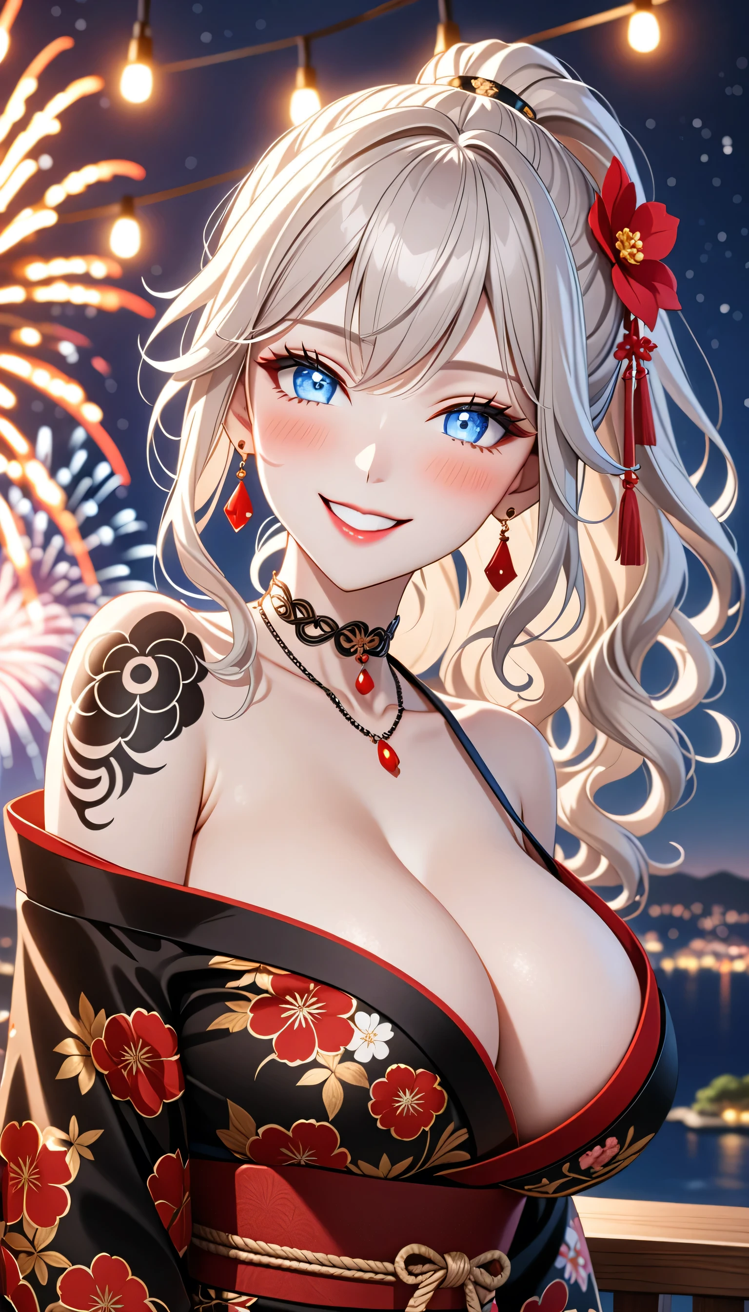 ultra-detailed, ((one girl)), (pale skin:1.5), fair-skinned gyaru, ((Girl in black kimono)), (heavy makeup), (professional lighting), hyper detailed, absurdres, 8k, Beautiful Face, (Laugh shyly), ((teasing smile:1.2)), ((happy smile:1.4)), ((Wink:1.4)), (Laugh with your mouth wide open),((Tilt your face:1.6)), View your viewers, ((full-face blush:1.4)), Glossy Red Lips, ((huge breasts:1.6)), undressing, ((She is undressed up to her shoulders, highlighting her cleavage.)), ((Shoulder Tattoo:1.3)), summer, night,Observatory with a view of the sea, firework, ((Anime style background)),masterpiece, Highest quality, so beautiful,Latest, Complex details, ((red long nail:1.2)), (ring),(bracelet), (Floral Choker),AI-generated, Complex,High resolution, Highest quality, super high quality,3D Images、3D Images,One person, (Silver White hair),Long Hair, (White high ponytail), (wavy hair:1.3)), Anime woman posing for a photo, ((Eyes with detailed pupils、blue eyes、glowing eyes:1.3)), (Squint your eyes:1.1),a hyperRealistic , hyperRealistic , Realistic,Anime woman with long white hair, Smooth anime CG art, ((A girl in a gorgeous black kimono:1.2)), ((black furisode:1.3)),Gold embroidery, (Large floral pattern in red color), (sideboob), (Long red flower hair ornament),(big floral earrings), Mature Body, tall,Narrow waist, ((model posing:1.3)), (extreme close-up shot), ((dutch angle:1.2)),