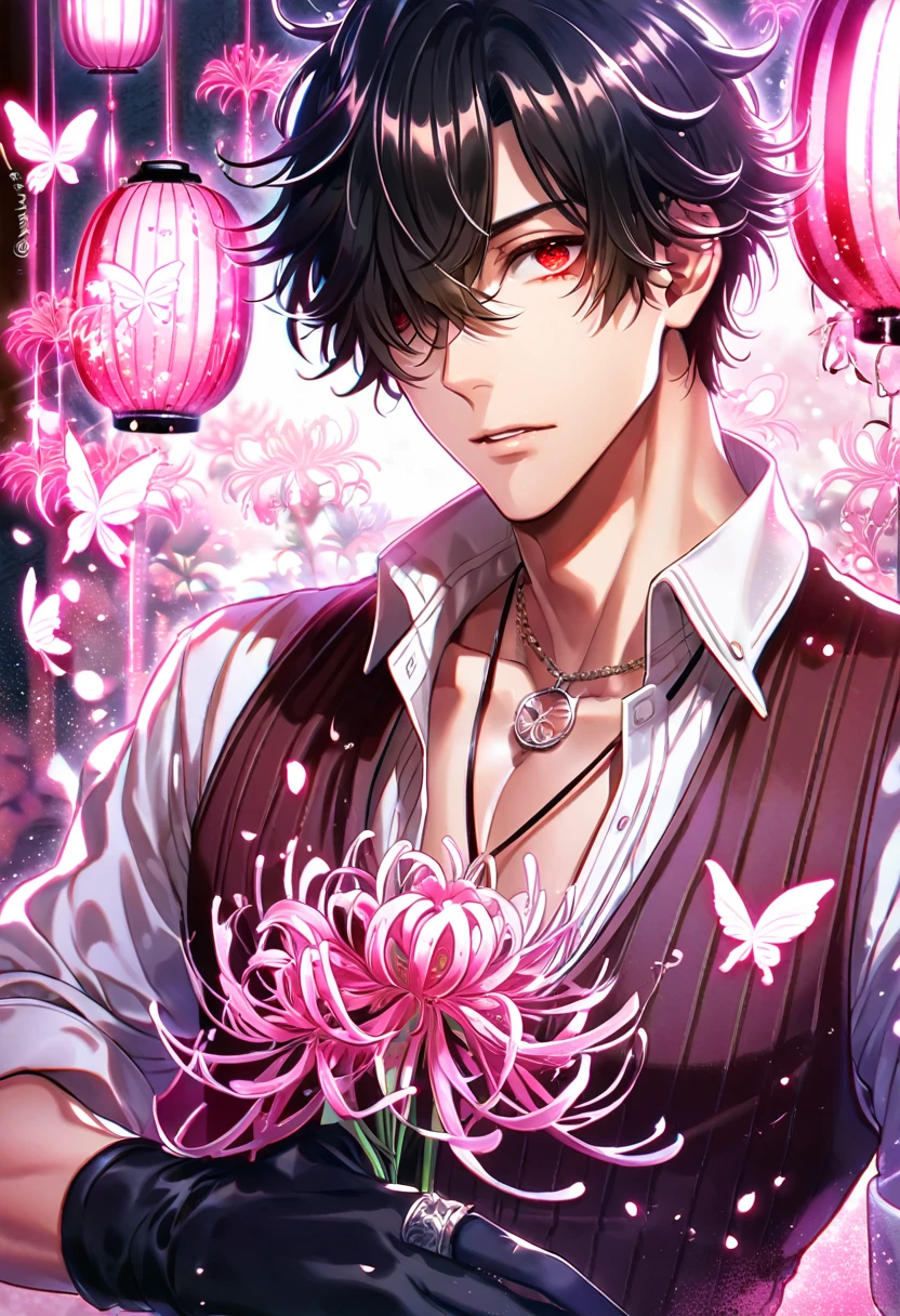 absurd resolution, high resolution, ultra detailed, detailed eyes, delicated features, extremely detailed, HDR, 8K, ルイ, black hair, messy hair, hair over the right eye, short hair, expressive red eyes, Code Vein, solo, sexy man, handsome, dark brown vest, white shirt, unbuttoned shirt, black gloves, ring necklace, rolled up sleeves, fantasy, cool, magical, pink glittering butterflies, pink dust flying around, pink spider lilies, pink petals, pink lanterns, Japanese ambiance, pink blossoms