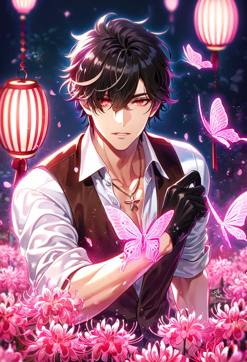absurd resolution, high resolution, ultra detailed, detailed eyes, delicated features, extremely detailed, HDR, 8K, ルイ, black hair, messy hair, hair over the right eye, short hair, expressive red eyes, Code Vein, solo, sexy man, handsome, dark brown vest, white shirt, unbuttoned shirt, black gloves, ring necklace, rolled up sleeves, fantasy, cool, magical, pink glittering butterflies, pink dust flying around, pink spider lilies, pink petals, pink lanterns, Japanese ambiance, pink blossoms