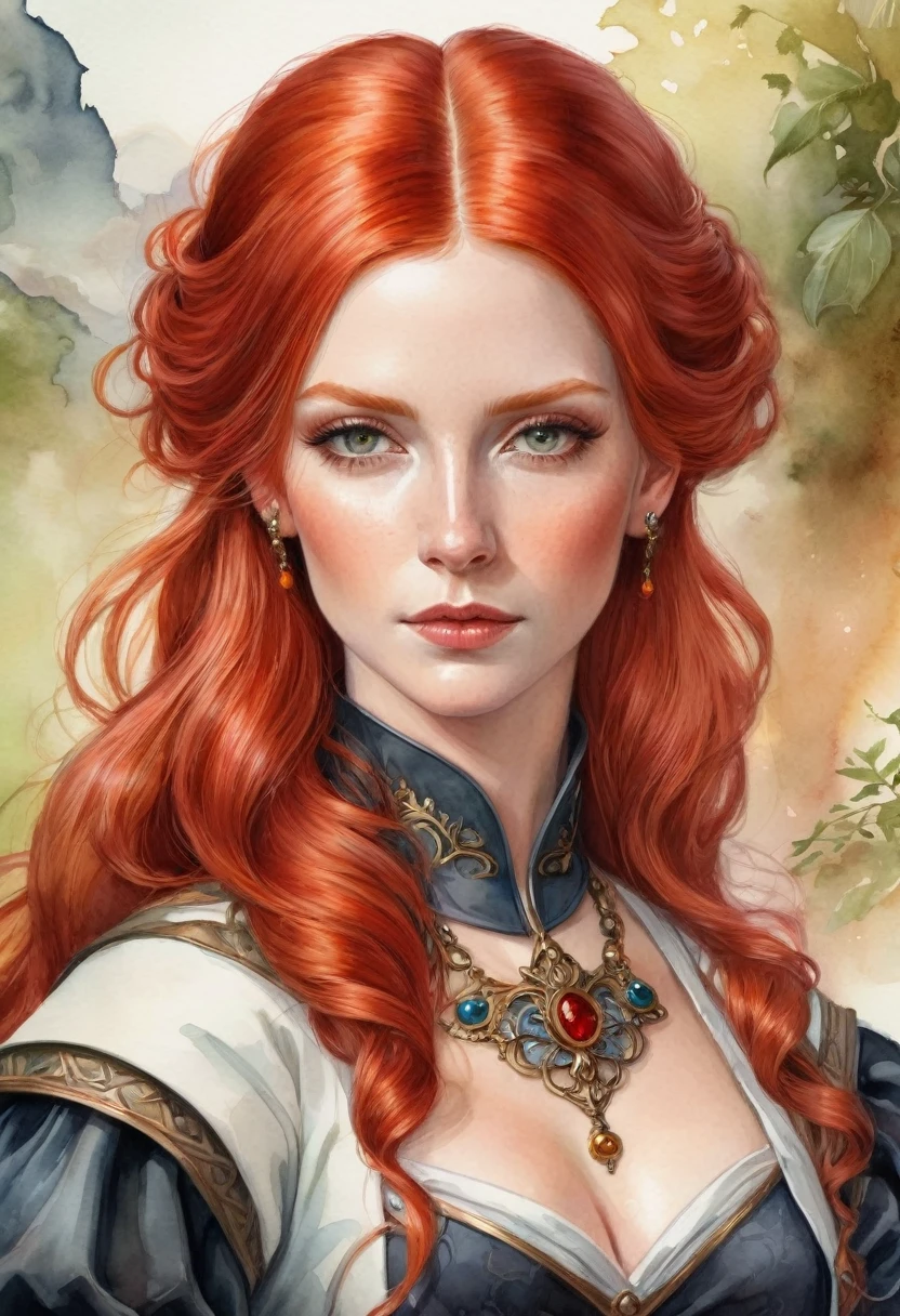 a woman with red hair, fantasy character portrait, the woman is wearing servant clothes, fantasy female portrait, fantasy genre portrait, detailed character portrait, inspired by Johann Friedrich Overbeck, a portrait of the character, rpg book portrait, epic portrait illustration, ((watercolor painting style))