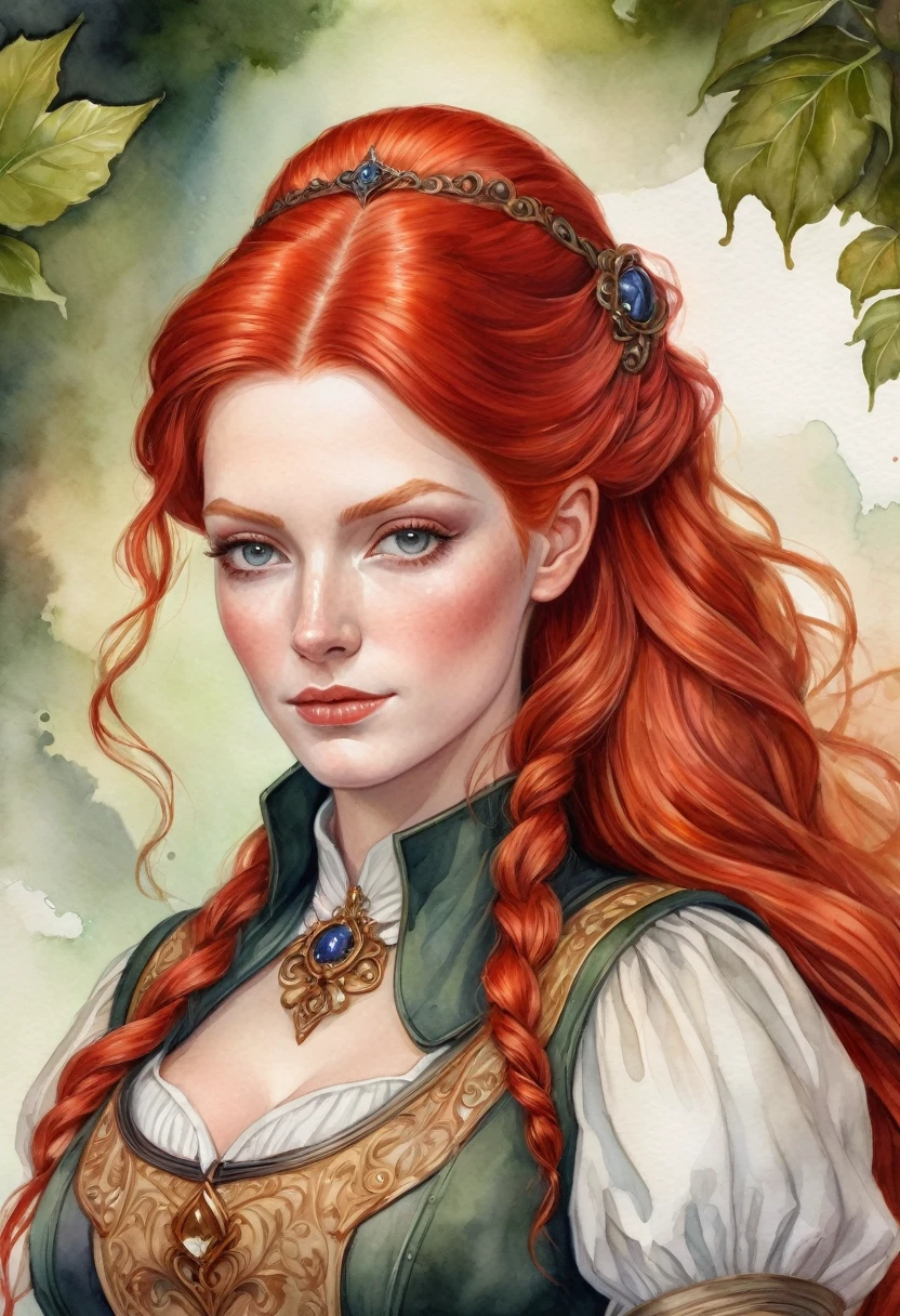 a woman with red hair, fantasy character portrait, the woman is wearing servant clothes, fantasy female portrait, fantasy genre portrait, detailed character portrait, inspired by Johann Friedrich Overbeck, a portrait of the character, rpg book portrait, epic portrait illustration, ((watercolor painting style))