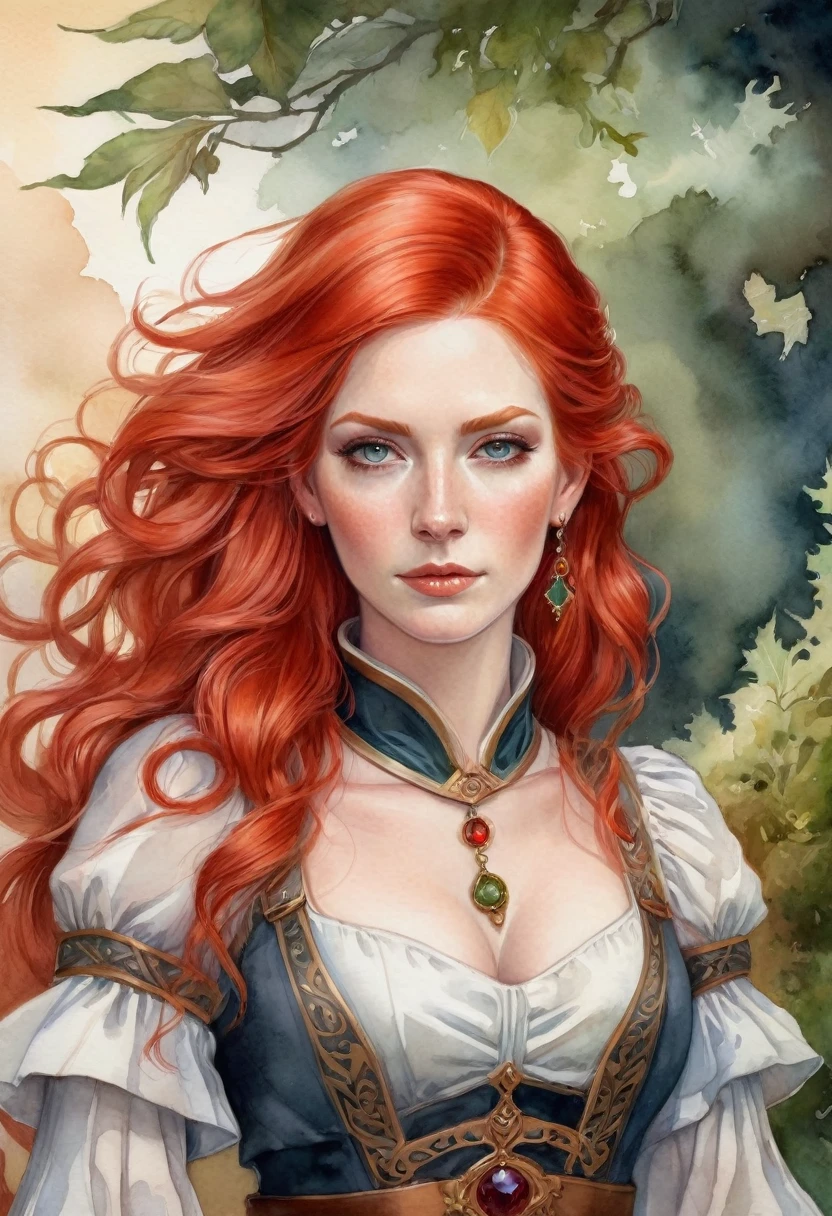 a woman with red hair, fantasy character portrait, the woman is wearing servant clothes, fantasy female portrait, fantasy genre portrait, detailed character portrait, inspired by Johann Friedrich Overbeck, a portrait of the character, rpg book portrait, epic portrait illustration, ((watercolor painting style))