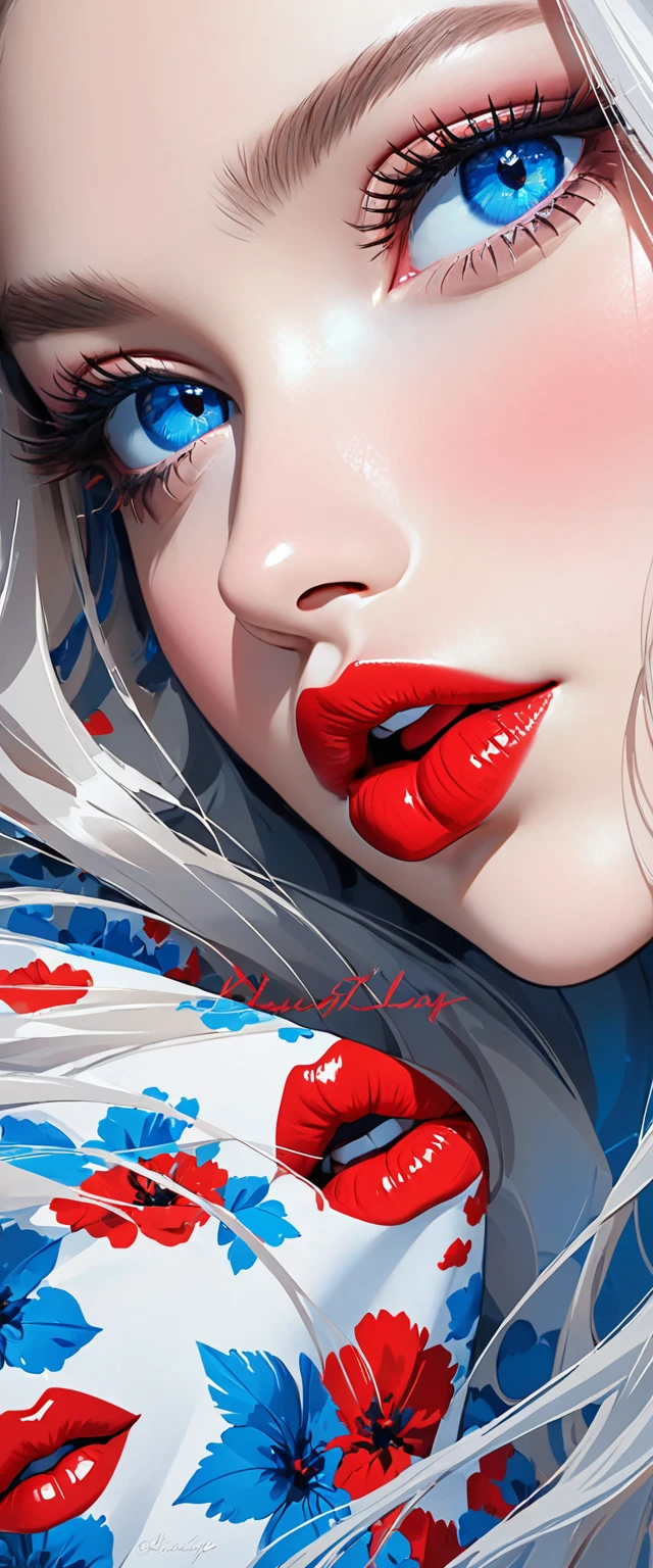 a beautiful woman with very long hair has a big red lip kiss, 1girl, solo, red lips, blue eyes, lips
