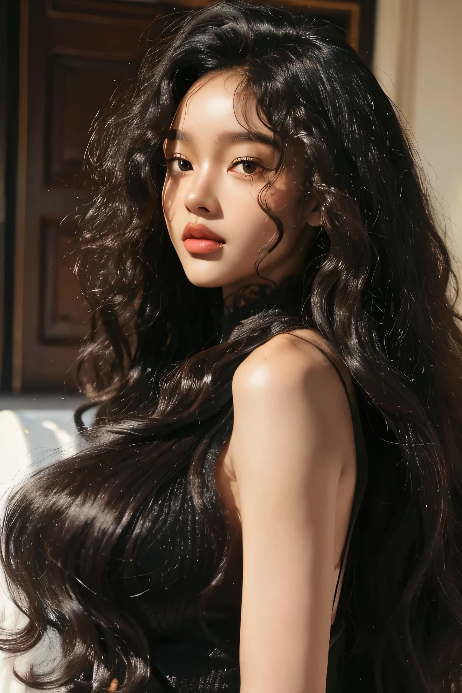 masterpiece, best quality, beautiful black and Asian mixed 19 year old, brown skin female, long, frizzy, curly black hair, perfect face, half body, long hair, melanin, curly dark hair