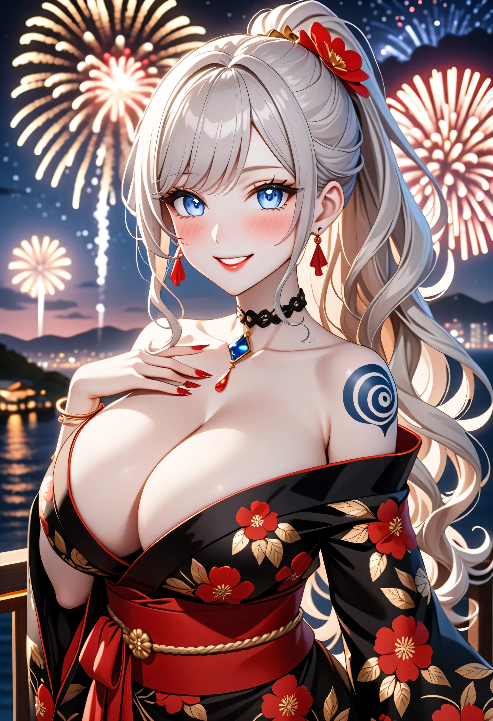ultra-detailed, ((one girl)), (pale skin:1.5), fair-skinned gyaru, ((Girl in black kimono)), (heavy makeup), (professional lighting), hyper detailed, absurdres, 8k, Beautiful Face, (Laugh shyly), ((teasing smile:1.2)), ((happy smile:1.4)), ((Wink:1.4)), (Laugh with your mouth wide open),((Tilt your face:1.6)), View your viewers, ((full-face blush:1.4)), Glossy Red Lips, ((huge breasts:1.6)), undressing, ((She is undressed up to her shoulders, highlighting her cleavage.)), ((Shoulder Tattoo:1.3)), summer, night,Observatory with a view of the sea, firework, ((Anime style background)),masterpiece, Highest quality, so beautiful,Latest, Complex details, ((red long nail:1.2)), (ring),(bracelet), (Floral Choker),AI-generated, Complex,High resolution, Highest quality, super high quality,3D Images、3D Images,One person, (Silver White hair),Long Hair, (White high ponytail), (wavy hair:1.3)), Anime woman posing for a photo, ((Eyes with detailed pupils、blue eyes、glowing eyes:1.3)), (Squint your eyes:1.1),a hyperRealistic , hyperRealistic , Realistic,Anime woman with long white hair, Smooth anime CG art, ((A girl in a gorgeous black kimono:1.2)), ((black furisode:1.3)),Gold embroidery, (Large floral pattern in red color), (sideboob), (Long red flower hair ornament),(big floral earrings), Mature Body, tall,Narrow waist, ((model posing:1.3)), (extreme close-up shot), ((dutch angle:1.2)),