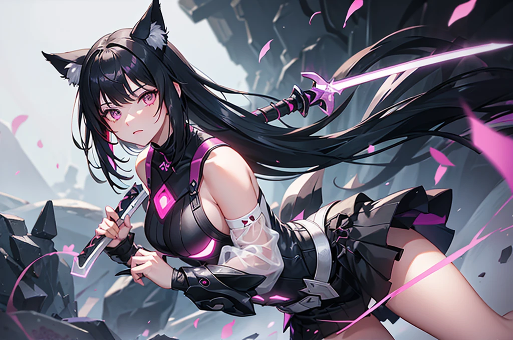 Young woman, medium length black hair, pink-violet curl, bangs on one side, gray wolf ears, wolf ponytail, from sumeru, cryo eye of god, weapon two-handed sword
