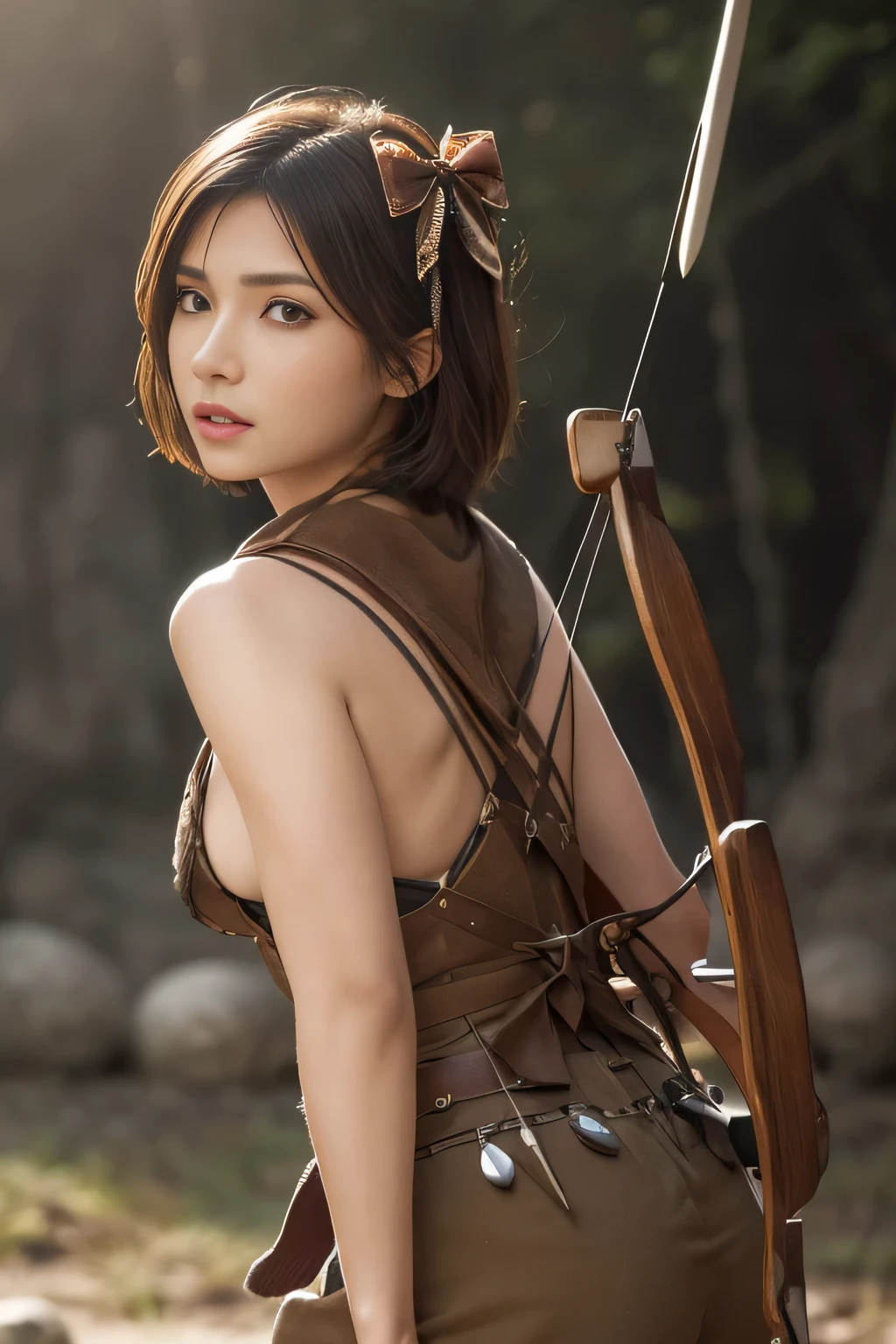 8k,A female adventurer from another world,so beautiful(Like the real thing),Adult woman in leather armor,((A woman with short brown hair:1.4)),blue eyes,((Woman shooting with a stone crossbow:1.5))、Brown combat trousers,Dagger on hip,Walking in mountainous areas,Perfect Face,Perfect hand shape,charm,Volume measurement,Body balance,超High resolution,super Realistic skin,Digital single-lens reflex camera, Soft lighting, high quality, Highly detailed face, Highly detailed eyes, highly detailed skin, skin, Scattered under the surface, Highly detailed face, Highly detailed eyes, Beautiful expression, Lip, Detailed Background, Written boundary depth, Small breasts、Volumetric Lighting, Sharp focus, Absurd, Realistic proportions, Excellent anatomy, (Realistic, 超Realistic:1.4), 16k hdr, dawn,High resolution,super Realistic skin,super Beautiful expression,Fantasy art,Character Art,Dynamic pose,compensate,Brown cloak,((Carrying a big bow:1.4)),