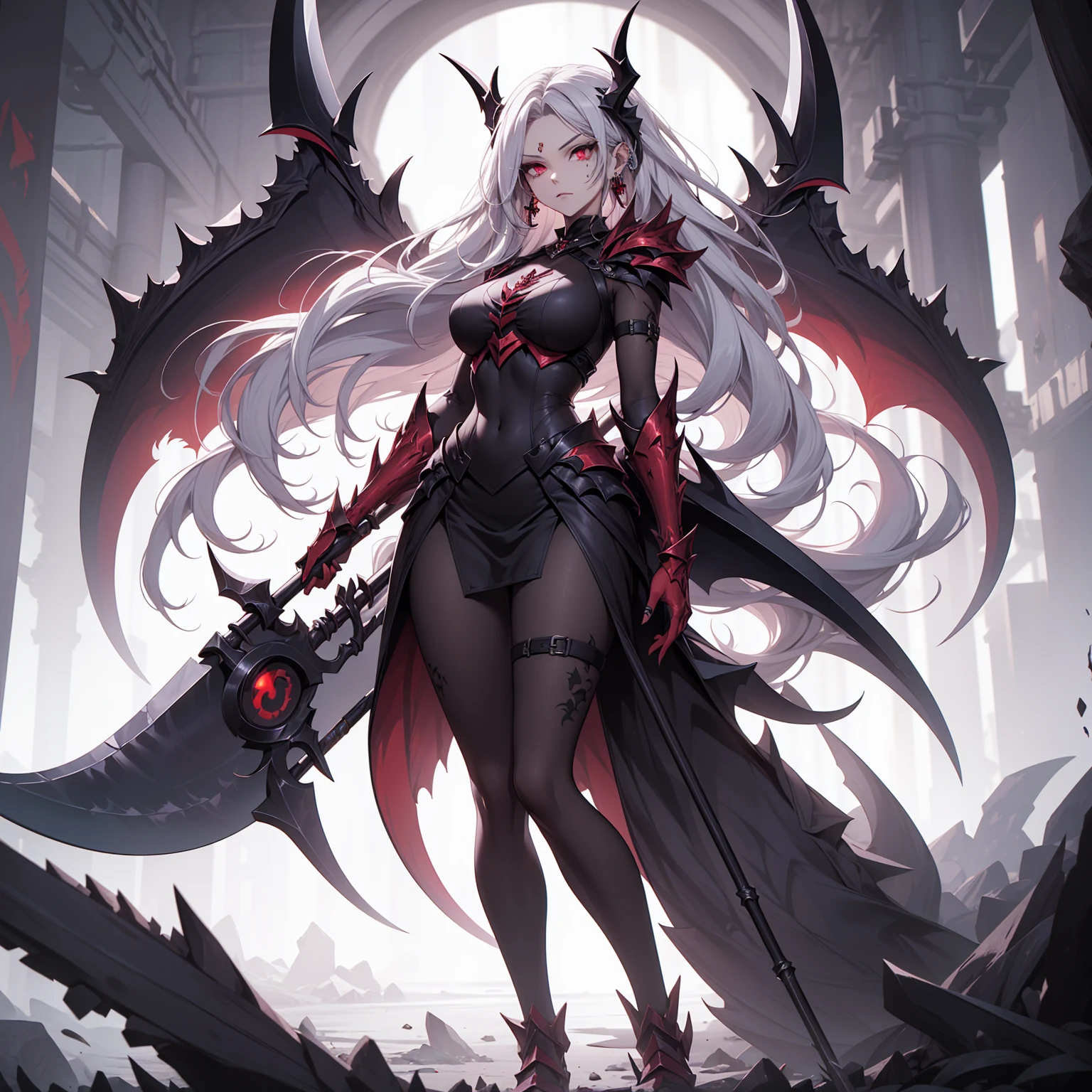 (((Masterpiece, best quality, 16k))) female character with long white hair and piercing red eyes. She wears a demonic armor in purple, black, and white. wields a large, stylized scythe. The character has a menacing expression, with a chaotic environment as the background. ((full body front view)). ((slender)), (extremely detailed:1.5), (long white hair:1.2), (piercing red eyes:1.2), (chaotic environment:1.1), (demonic armor:1.3), (stylized scythe:1.3).