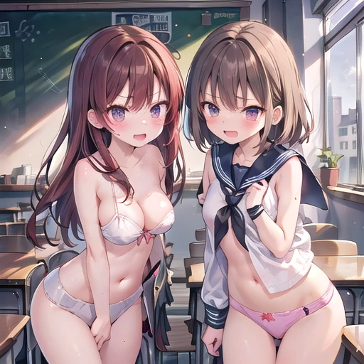 female teacher(36 years old、Brown Hair、tall、Big Breasts、suit)and female student(、Red hair、Flat Chest、、Sailor suit)A quarrel、Angry expression、glare at each other、underwear、classroom