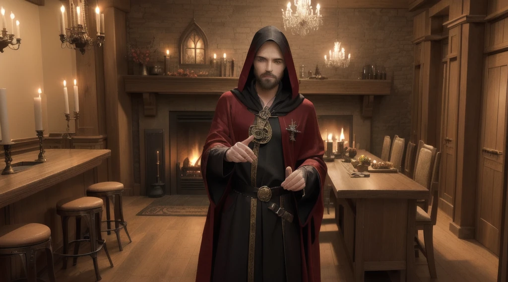 there is a man standing in a room with a wooden counter, skinny male fantasy alchemist, evil devious male, in fantasy tavern near fireplace, wearing cultist red robe, lawther sit at table playing dnd, wearing red sorcerer's robes, evil male sorcerer, wearing red sorcerers robes, upper body avatar, wearing daedric armour