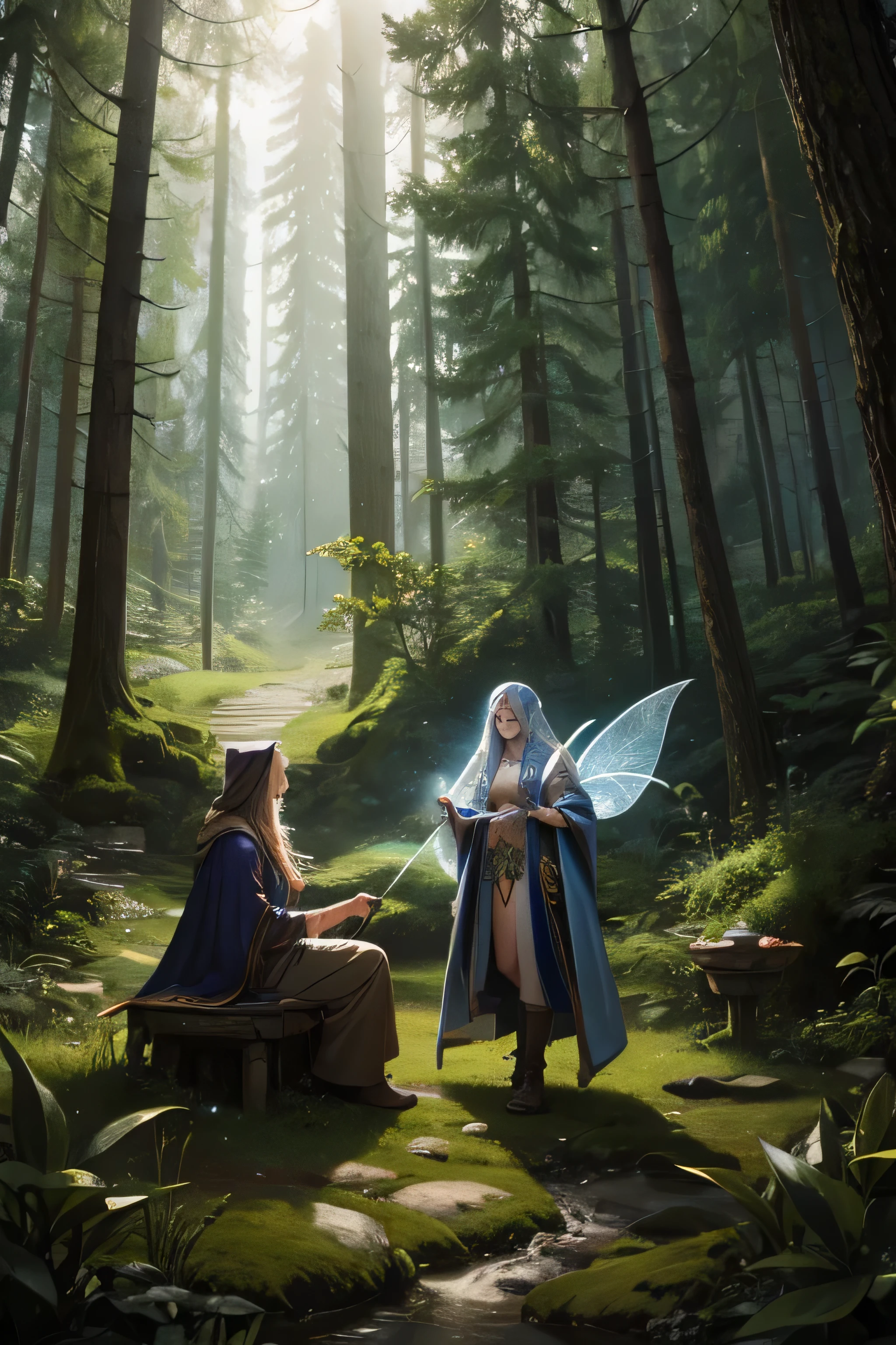 High quality detailed image of a wizard next to a fairy in a forest