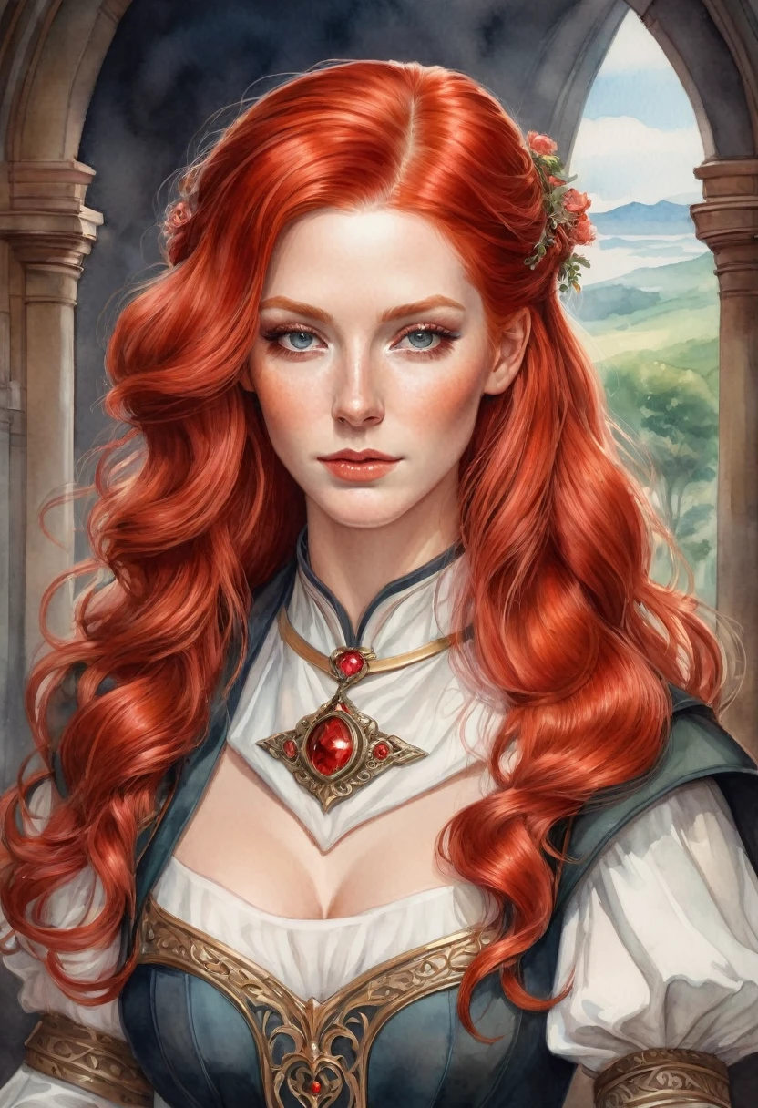 a woman with red hair, fantasy character portrait, (the woman is wearing servant clothes), fantasy female portrait, fantasy genre portrait, detailed character portrait, inspired by Johann Friedrich Overbeck, a portrait of the character, rpg book portrait, epic portrait illustration, ((watercolor painting style))
