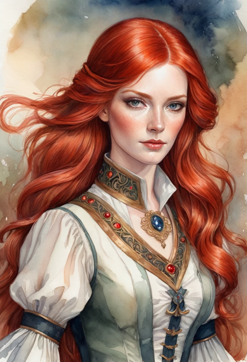 a woman with red hair, fantasy character portrait, (the woman is wearing servant clothes), fantasy female portrait, fantasy genre portrait, detailed character portrait, inspired by Johann Friedrich Overbeck, a portrait of the character, rpg book portrait, epic portrait illustration, ((watercolor painting style))