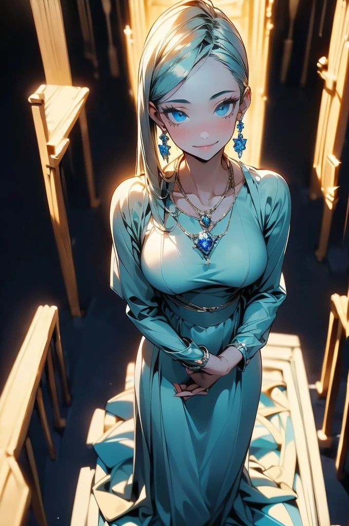 mujer de clear skin,(clear skin),long straight hair(smooth light blue swimsuit),blue eyes,(light blue eyes),wearing an elegant dress,(elegant blue dress), in a large room,(standing in the middle of a large elegant room),cold color palette ,wearing jewelry,(wearing a sapphire necklace)