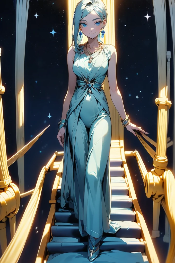 mujer de clear skin,(clear skin),long straight hair(smooth light blue swimsuit),blue eyes,(light blue eyes),wearing an elegant dress,(elegant blue dress), in a large room,(standing in the middle of a large elegant room),cold color palette ,wearing jewelry,(wearing a sapphire necklace)