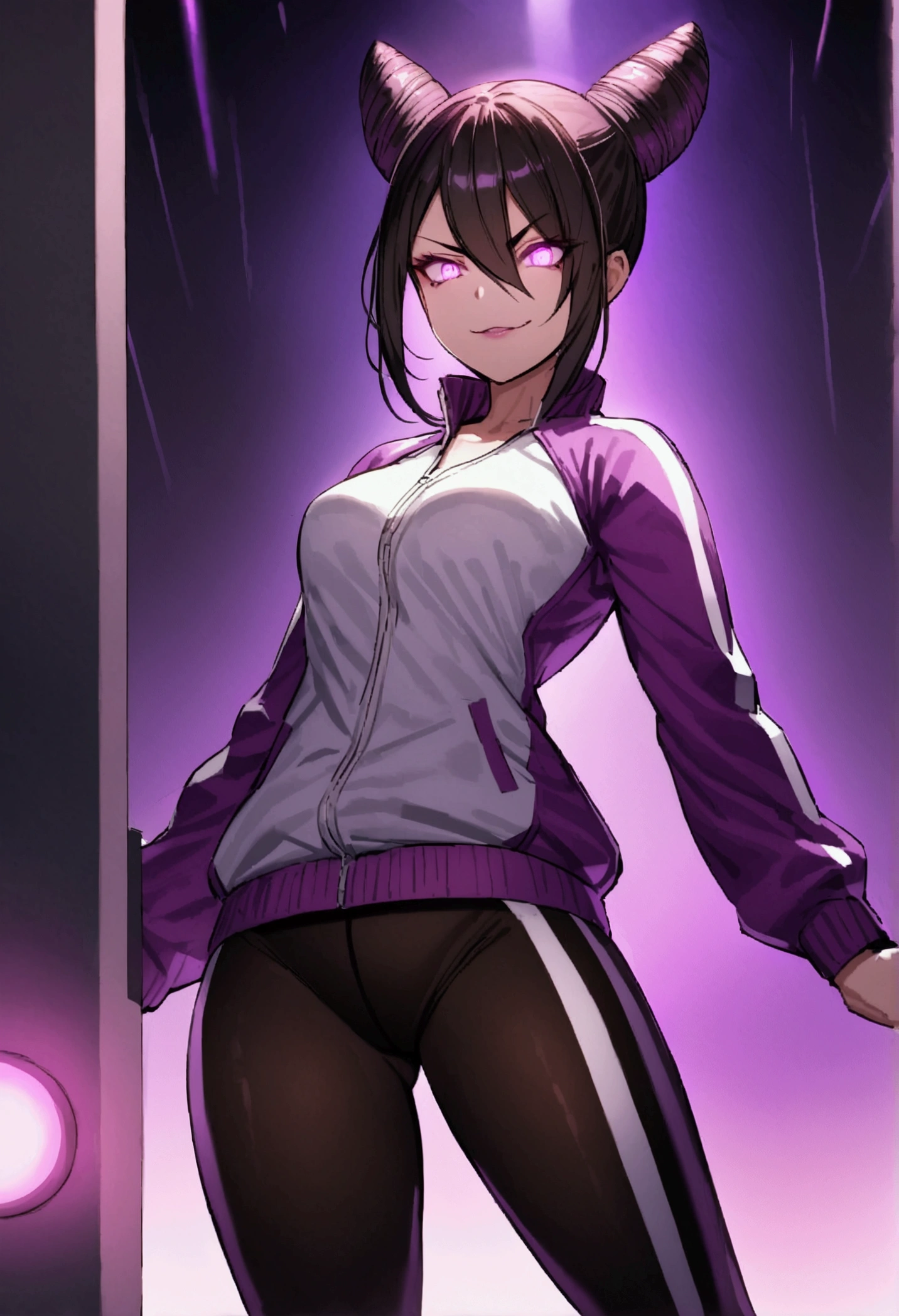 dark eye shadow,shining eyes,beautiful young fitness woman with , in a gym wearing May with black pantyhose, tight white and purple gym jacket. standing alone,hair horns,glowing purple eyes,Evil smile,legging preto ,labiaa,dark eye shadow,shining eyes
