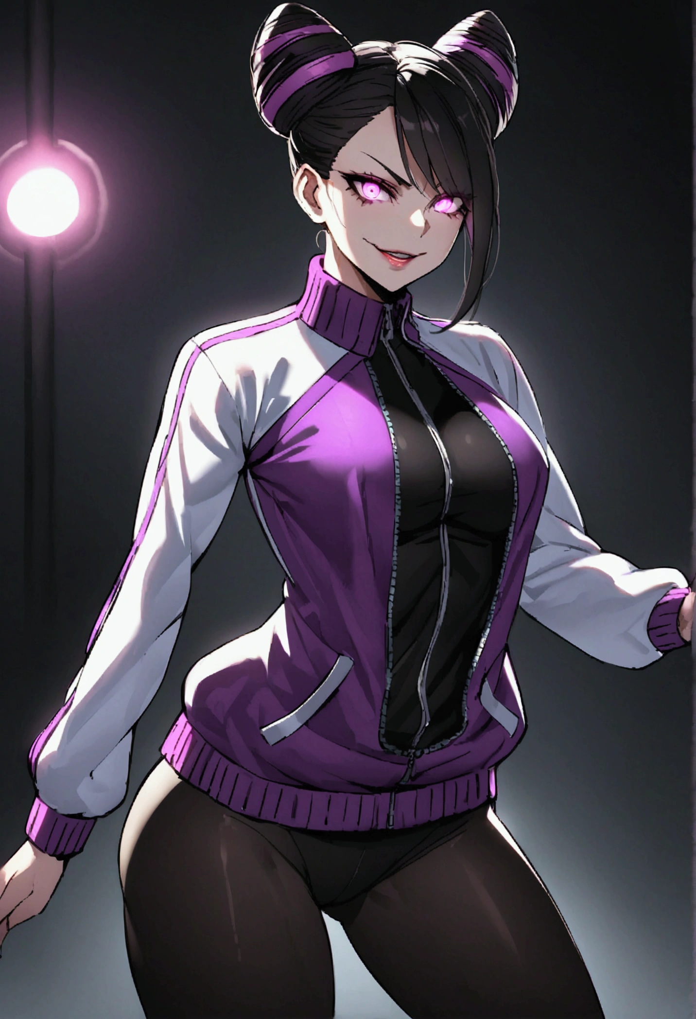 dark eye shadow,shining eyes,beautiful young fitness woman with , in a gym wearing May with black pantyhose, tight white and purple gym jacket. standing alone,hair horns,glowing purple eyes,Evil smile,legging preto ,labiaa,dark eye shadow,shining eyes
