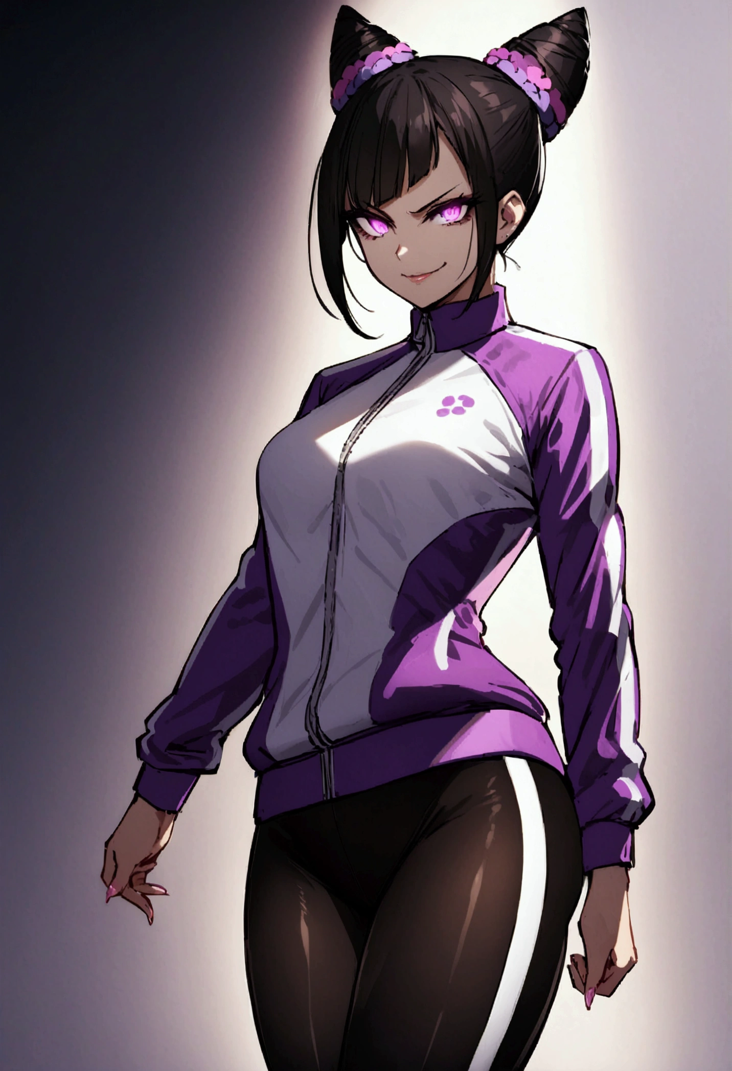 dark eye shadow,shining eyes,beautiful young fitness woman with , in a gym wearing May with black pantyhose, tight white and purple gym jacket. standing alone,hair horns,glowing purple eyes,Evil smile,legging preto ,labiaa,dark eye shadow,shining eyes