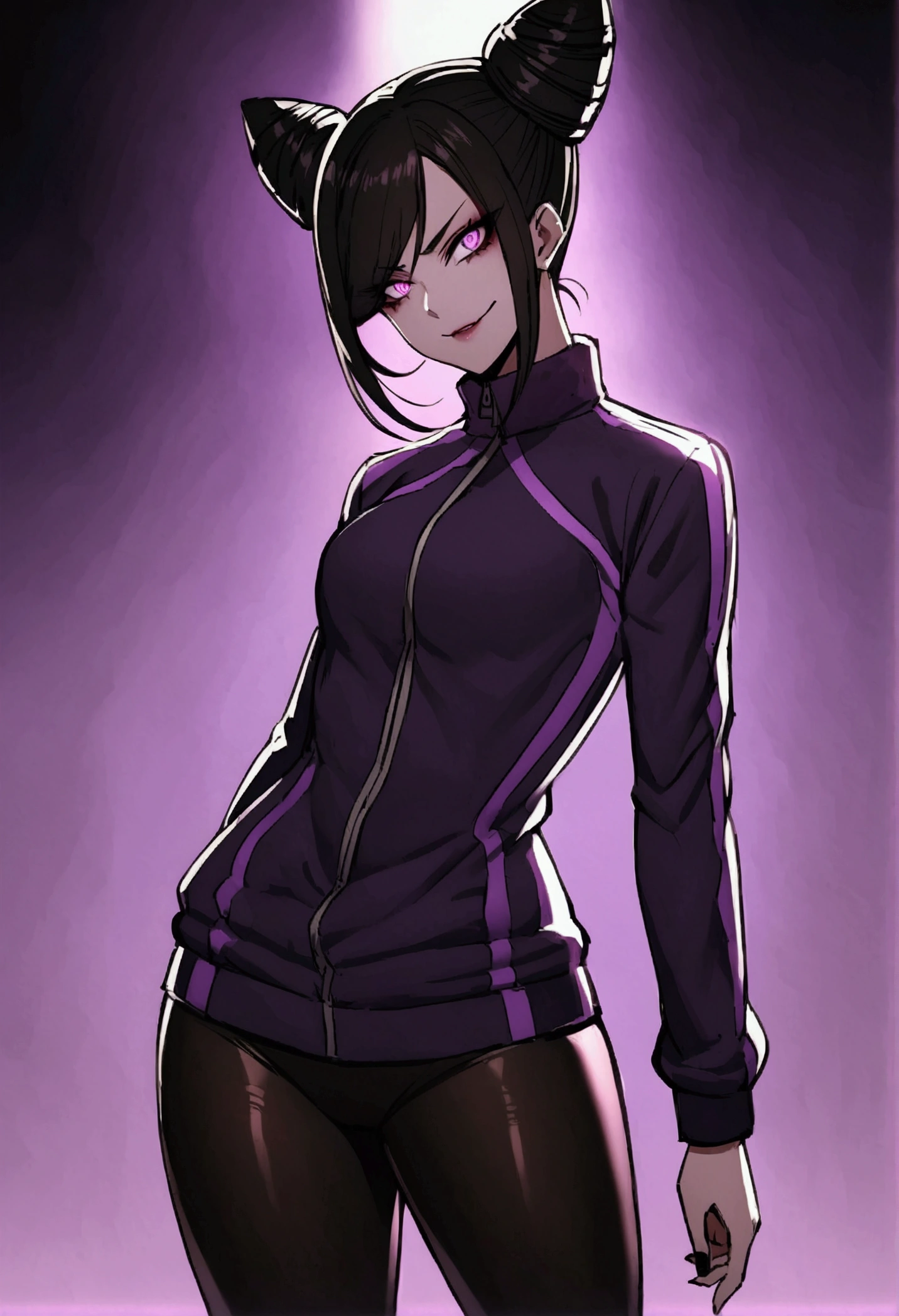dark eye shadow,shining eyes,beautiful young fitness woman with ,  with black pantyhose, tight white and purple gym jacket. standing alone,hair horns,glowing purple eyes,Evil smile,legging preto ,labiaa,dark eye shadow,shining eyes
