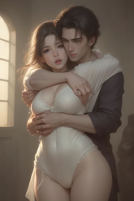 High-quality images of couples: blond man (Tall、Statue-like、Handsome and、Brave young man、Blue eyes、Curly golden hair、Wearing a grey antique military uniform) A woman with black hair (long straight black hair、Long Bangs、Blackberry eyes、A beautiful young femme fatale、naked、PRİNCESS、Hugging。They are in love with each other。Created by Boris Vallejo「Ideal Anatomy」The sketch of、It is characterized by being very detailed.。masterpiece、Detailed study of the face、Beautiful Face、Features of Beautiful Face、Perfect Image、Realistic shots、Detailed study of the face、Full body image、8k、Detailed Images、Highly detailed illustration、A true masterpiece of the highest quality、Careful drawing。Bare Skin、Gown and naked watercolor、
Gothic、Romance Black Panties、
Large drops of sweat、Dripping Sweat、A look of ecstasy as she spreads her legs wide、Fierce love