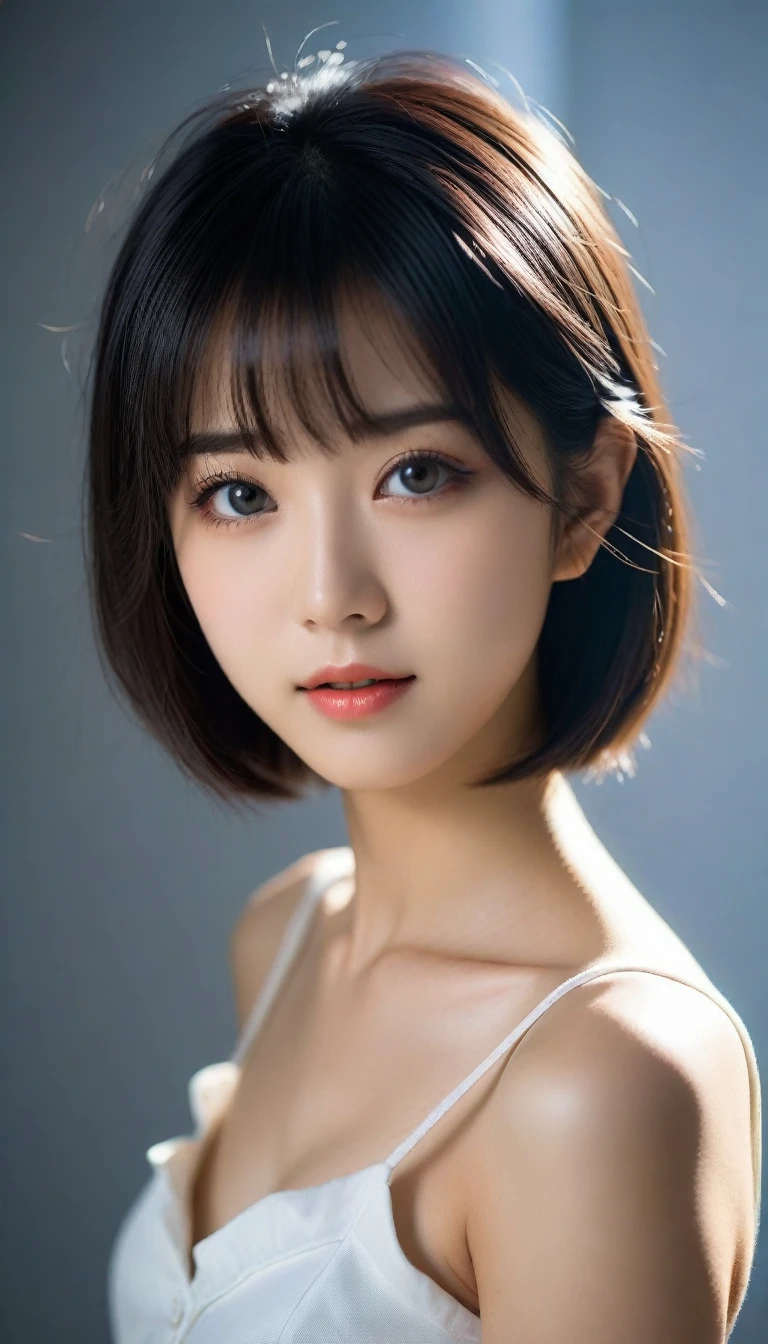 8k, Ultra-high resolution, Highest quality, masterpiece, 三分割法によるphotograph,Surreal, photograph, 1 Girl, (16 years old:1.3), pretty girl, Cute Face, Beautiful eyes in every detail, 細かくdetailedに,masterpiece,One Girl:1.2,Japan Female Teachers,full body,light smile,Black short hair,Bob with bangs,(印象派の美しい少女のPortraiture),(Impressionist light and colour), (Avant-garde attire:1.3),(Fairy,Shiny Hair, Beautiful dark eyes, So cute and beautiful,16 years old, ), (smile:0.8),Sharp contours,Looking down, (A future never imagined), ((Abstract background)), Light from above, Low contrast, (Side view),, Perfect and beautiful face ,完璧でCute Face, Skin with attention to detail, Perfect limbs、Narrow waist,Looking at the audience,(((Ideal body type))),A cup small breasts :2,Portraiture:2,Perfect Anatomy,鮮明なdetailed,detailed,Surreal,Light and shadow,glowing