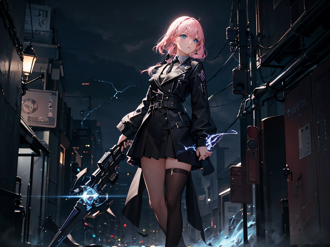 (Digital artwork:1.3),(a sketch:1.1)((Octane rendering)),City Street,High-rise tail alley,(Girl magician,tight black outfit, black jacket.),(( blonde flowy hair)),((A huge glowing magic array under your feet)),((Complex luminous runes)),Realistic digital painting portrait,shot at 8k resolution,Gasoline liquid,color pastel,splashart,Magical universe of pink and blue and purple,Lithography in intricate details,(lightning particules:1.2),(game concept:1.3),(deep of field:1.3),Global illumination,with rich details,Trends on ArtStation,((illustrious)),ultra fine,16K resolution, light blue eyes , (Weapon: Lightning Energy in right hand)