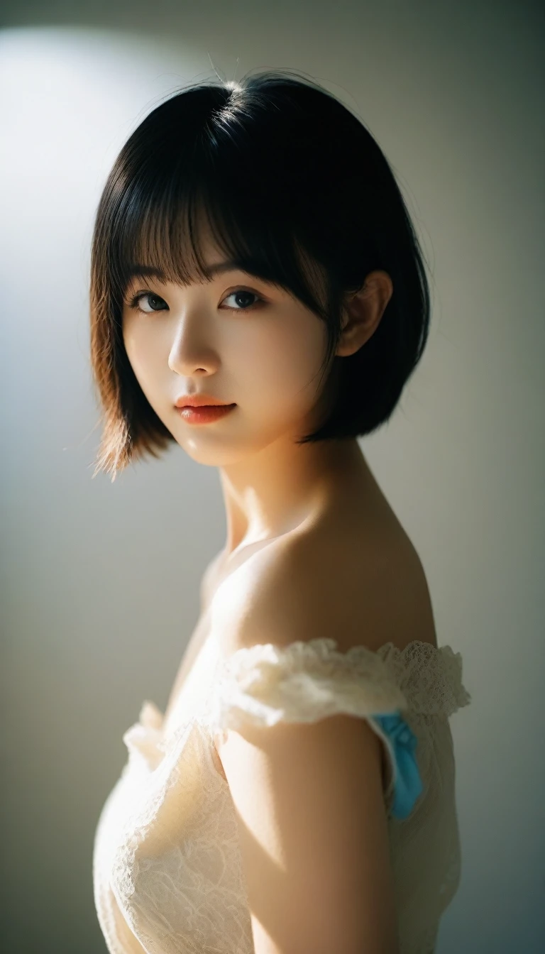 8k, Ultra-high resolution, Highest quality, masterpiece, 三分割法によるphotograph,Surreal, photograph, 1 Girl, (16 years old:1.3), pretty girl, Cute Face, Beautiful eyes in every detail, 細かくdetailedに,masterpiece,One Girl:1.2,Japan Female Teachers,full body,light smile,Black short hair,Bob with bangs,(印象派の美しい少女のPortraiture),(Impressionist light and colour), (Avant-garde attire:1.3),(Fairy,Shiny Hair, Beautiful dark eyes, So cute and beautiful,16 years old, ), (smile:0.8),Sharp contours,Looking down, (A future never imagined), ((Abstract background)), Light from above, Low contrast, (Side view),, Perfect and beautiful face ,完璧でCute Face, Skin with attention to detail, Perfect limbs、Narrow waist,Looking at the audience,(((Ideal body type))),A cup small breasts :2,Portraiture:2,Perfect Anatomy,鮮明なdetailed,detailed,Surreal,Light and shadow,glowing