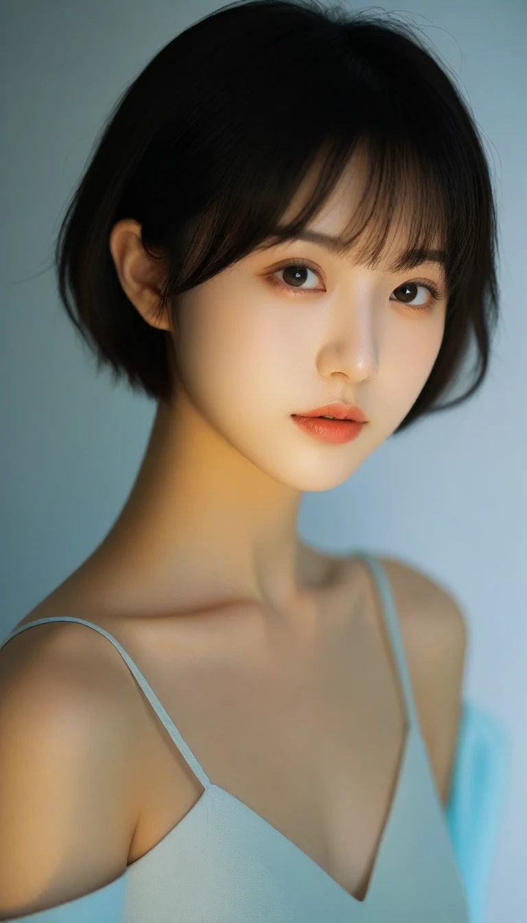 8k, Ultra-high resolution, Highest quality, masterpiece, 三分割法によるphotograph,Surreal, photograph, 1 Girl, (16 years old:1.3), pretty girl, Cute Face, Beautiful eyes in every detail, 細かくdetailedに,masterpiece,One Girl:1.2,Japan Female Teachers,full body,light smile,Black short hair,Bob with bangs,(印象派の美しい少女のPortraiture),(Impressionist light and colour), (Avant-garde attire:1.3),(Fairy,Shiny Hair, Beautiful dark eyes, So cute and beautiful,16 years old, ), (smile:0.8),Sharp contours,Looking down, (A future never imagined), ((Abstract background)), Light from above, Low contrast, (Side view),, Perfect and beautiful face ,完璧でCute Face, Skin with attention to detail, Perfect limbs、Narrow waist,Looking at the audience,(((Ideal body type))),A cup small breasts :2,Portraiture:2,Perfect Anatomy,鮮明なdetailed,detailed,Surreal,Light and shadow,glowing
