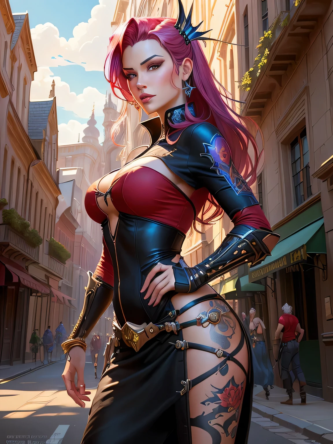 a western woman with tattoos and a red shirt in front of a building, zenoscope, arte de fantasia de tyler edlin, J.. Scott Campbell, pretty, as illustrated in top cow comics, Martin then, poison hera, J. Scott Campbell, hera, poison hera from batman, style of raymond swanland, inspired by Mark Brooks, Martin then artwork portrait, Fantasy character art