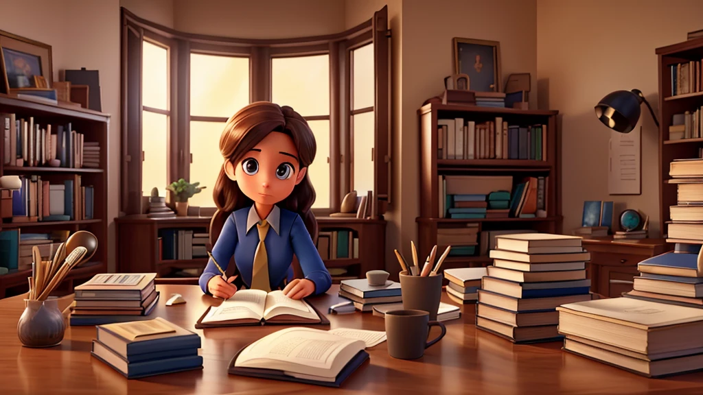 Realistic photography of a person at a desk, surrounded by books and notes, deep in study. The atmosphere is one of revelation and enlightenment, with sunlight streaming through a window, symbolizing knowledge and understanding gained from overcoming challenges