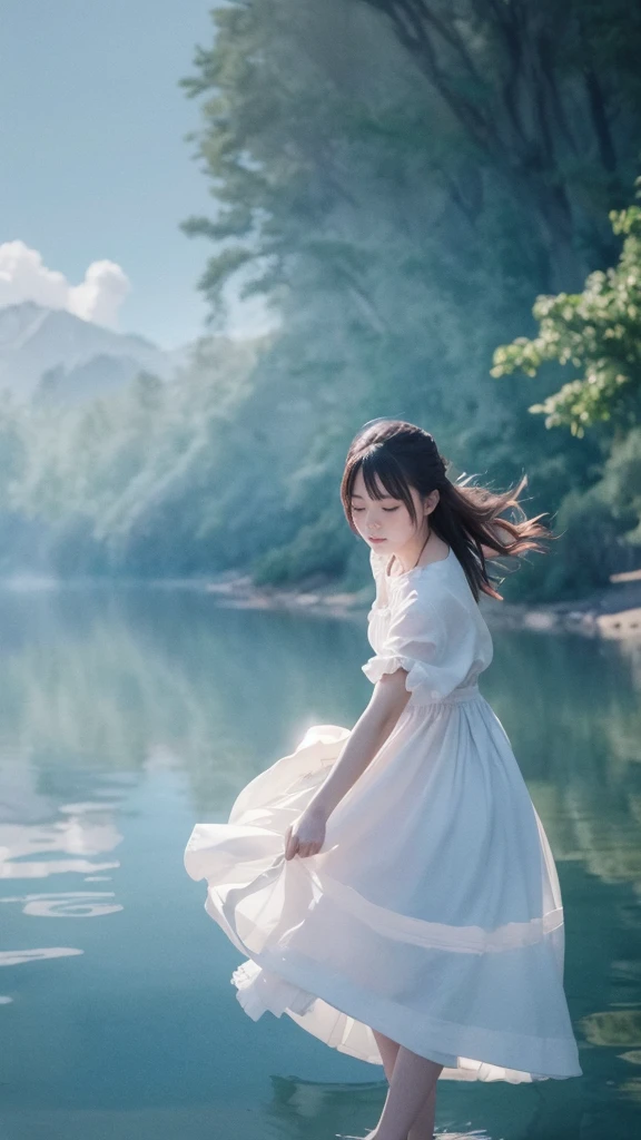 (Watercolor style, Ghost Art) + A majestic river with panoramic views + Costume bag (Overlooking) + (flow + Subtle reflection) + (blend + Splash) + (Light and shadow are clear + Swinging Dynamic)