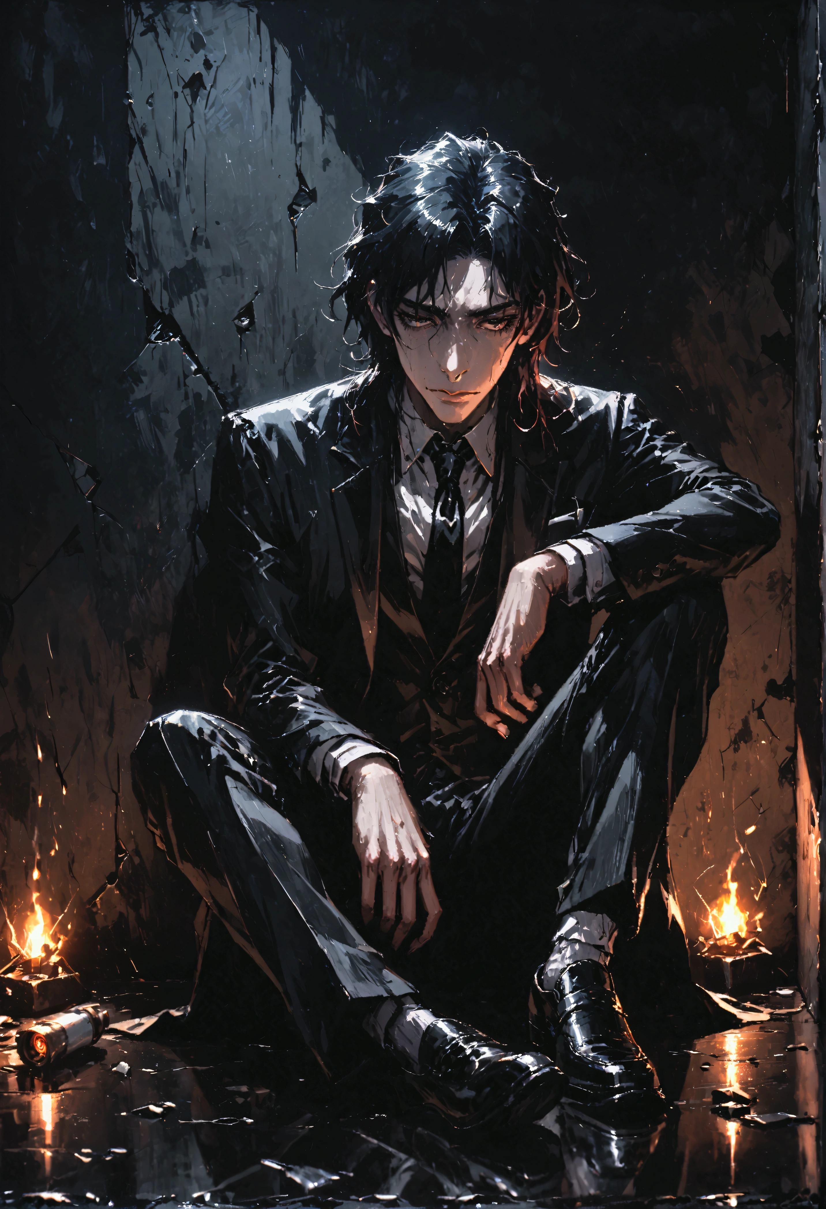 Constantine, man sitting on the floor,mano cigarette,lighter fire, dressed in a suit, black tie, broken glass on the floor, leaning against a wall, dark and gloomy scene