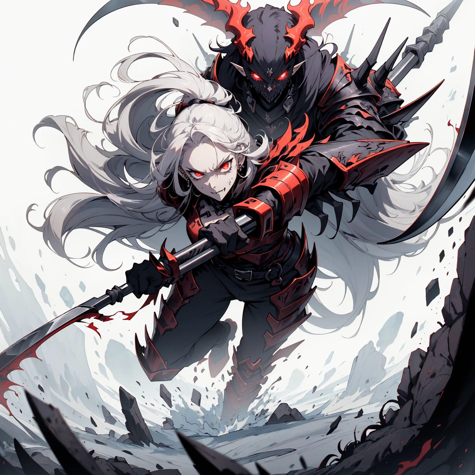 (((Masterpiece, best quality, 16k))) female character with long white hair and piercing red eyes. She wears a demonic armor in purple, black, and white. wields a large, stylized scythe. The character has a menacing expression, with a chaotic environment as the background. ((full body front view)). ((slender)), (extremely detailed:1.5), (long white hair:1.2), (piercing red eyes:1.2), (chaotic environment:1.1), (demonic armor:1.3), (stylized scythe:1.3).