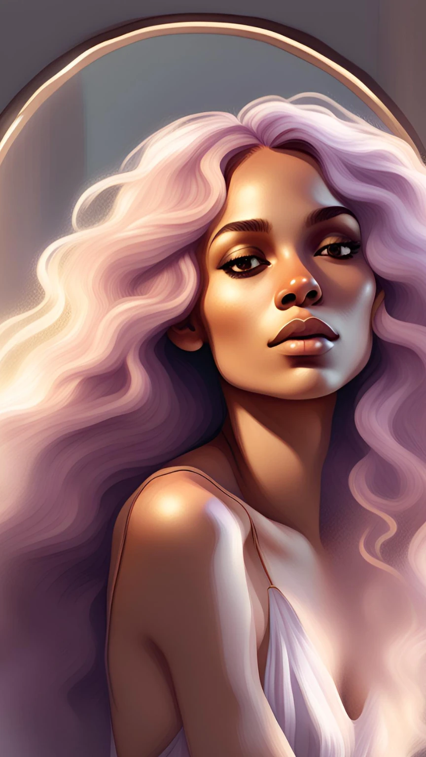 a woman with long lilac hair sitting in a chair, stunning digital illustration, beautiful digital illustration, Charlie Bowater art style, Exquisite digital illustration, arte do personagem Charlie Bowater, in digital illustration style, epic portrait illustration, style of charlie bowater, trends in art, matte digital illustration, in style of charlie bowater, Charlie Bowater rich, deep colors
