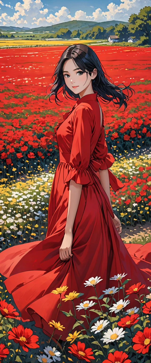 a woman in a field looking into the camera with long red dress, 1girl, flower, field, solo, red dress, dress, black hair, flower field