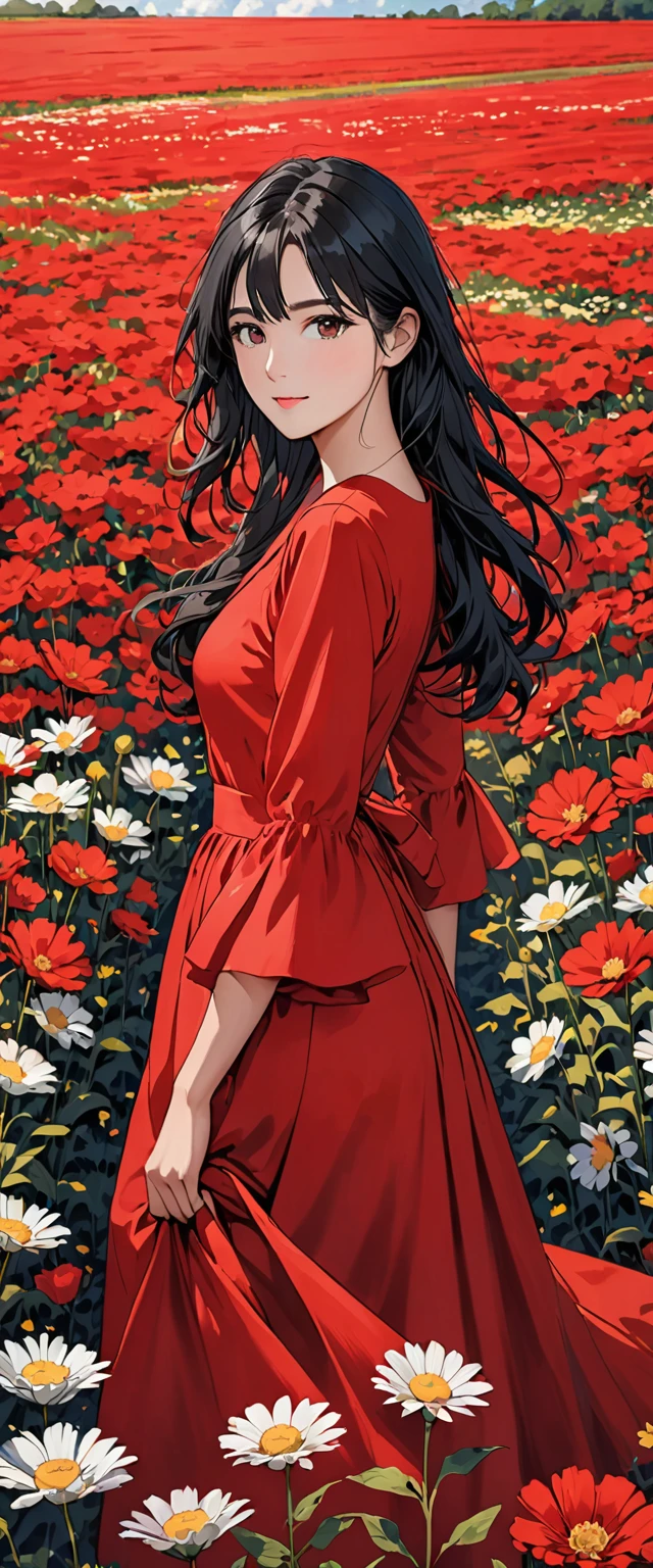 a woman in a field looking into the camera with long red dress, 1girl, flower, field, solo, red dress, dress, black hair, flower field