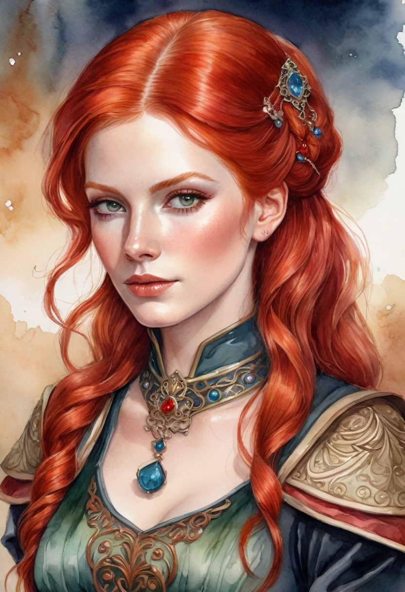 a woman with red hair, fantasy character portrait, ((the woman is wearing servant clothes)), fantasy female portrait, fantasy genre portrait, detailed character portrait, inspired by Johann Friedrich Overbeck, a portrait of the character, rpg book portrait, epic portrait illustration, (((watercolor painting style))), fantasy background, (the woman does not have any jewelry, the woman is poor