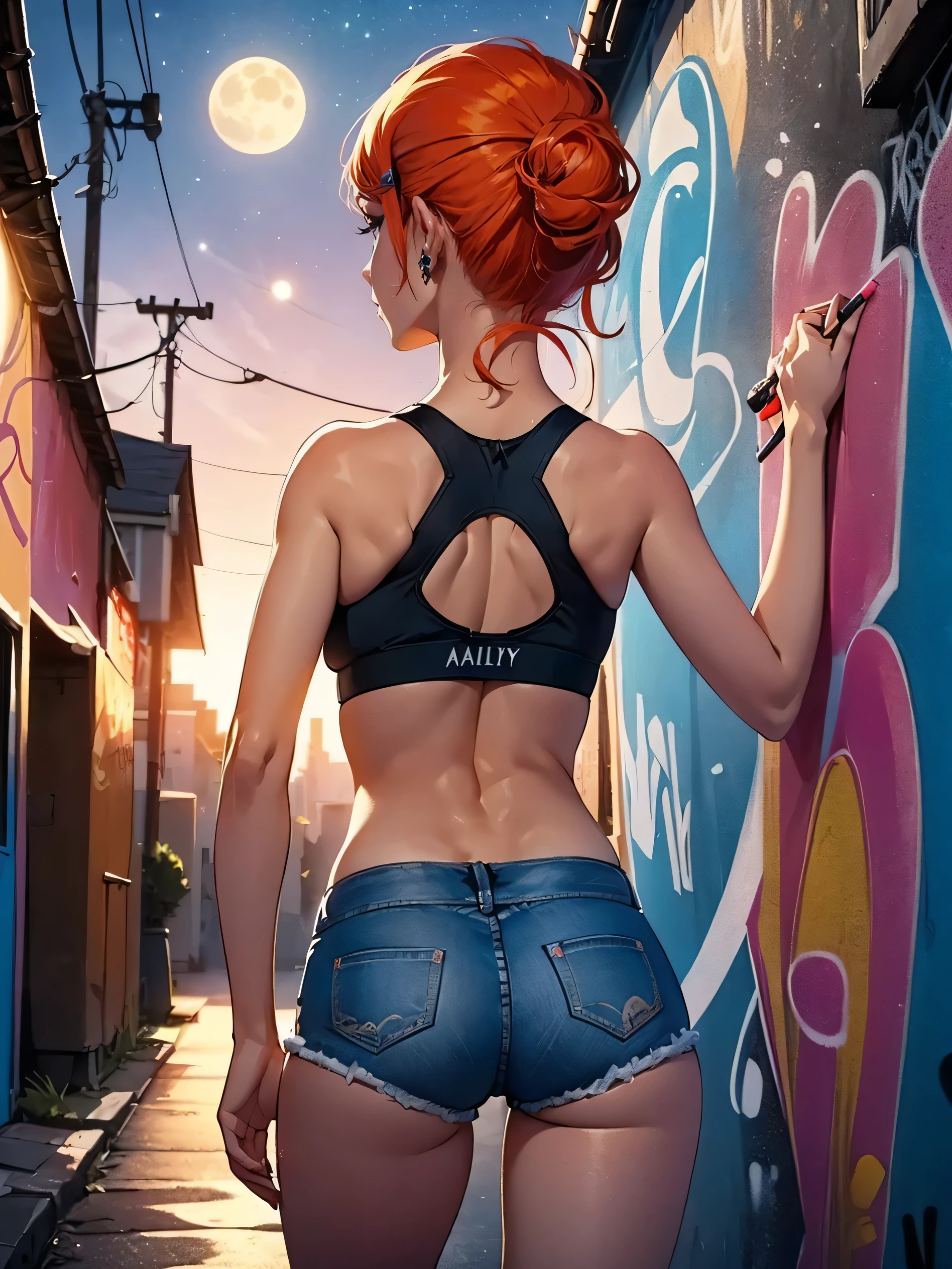 masterpiece, best quality, 25 years old beautiful woman, long hair, (mature face:1.4), 1woman, solo, crop top, gym leggings, choker, (from behind:1.4), plumb ass, thick thighs, thin waist, (graffiti:1.5), paint splatter, arms behind back, against wall, looking at viewer, armband, thigh strap, paint on body, head tilt, bored, multicolored hair (pink, blue), aqua eyes, headset