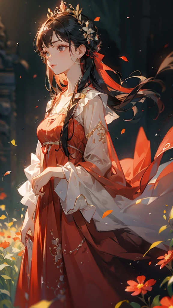 a woman in a field looking into the camera with long red dress, 1girl, flower, field, solo, red dress, dress, black hair, flower field