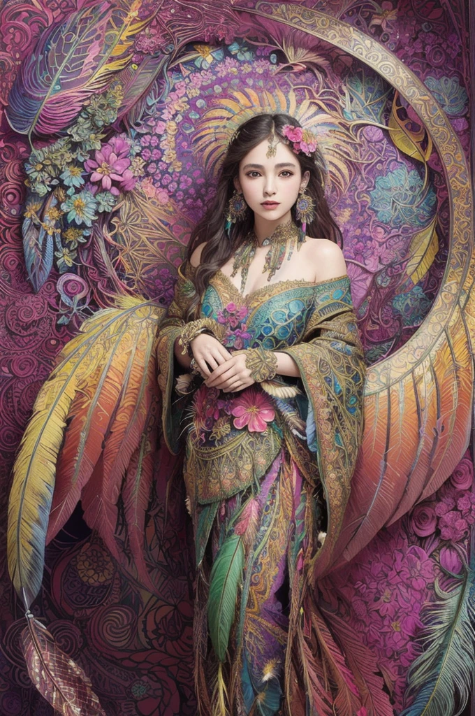 (masterpiece, top quality, best quality, official art, beautiful and aesthetic:1.2), (1girl:1.3), extremely detailed,(fractal art:1.1),(colorful:1.1)(flowers:1.3),highest detailed,(zentangle:1.2), full body, (abstract background:1.3), (shiny skin), (many colors:1.4), ,(earrings), (feathers:1.5),