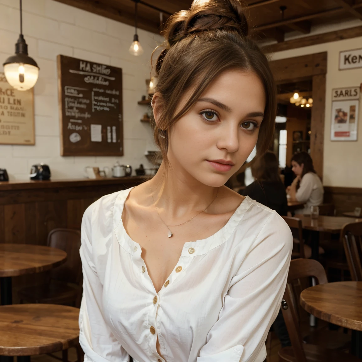 a 25 year old girl with brown hair in a cafe wearing a white blouse with a few buttons undone but with her hair in a messy bun